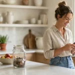 A woman using a micro-saving app on her phone in a bright kitchen next to a traditional coin jar.