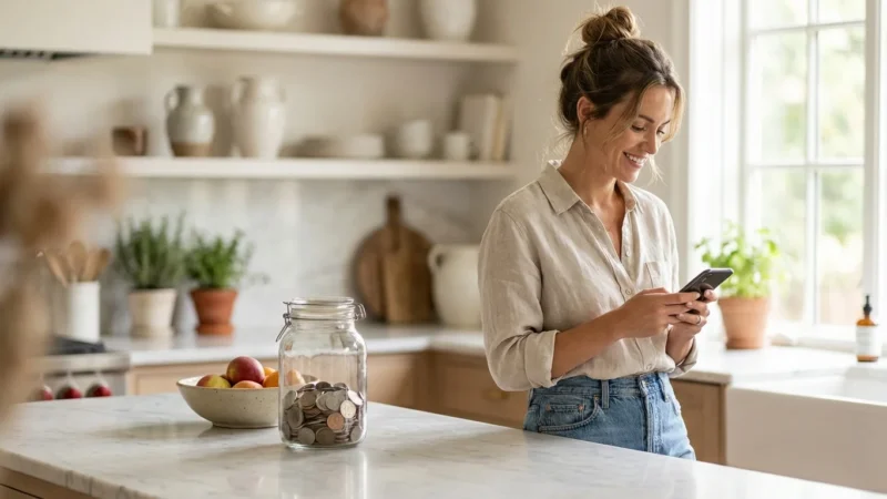 A woman using a micro-saving app on her phone in a bright kitchen next to a traditional coin jar.