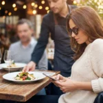A woman at a restaurant subtly checking her phone while being served a meal.
