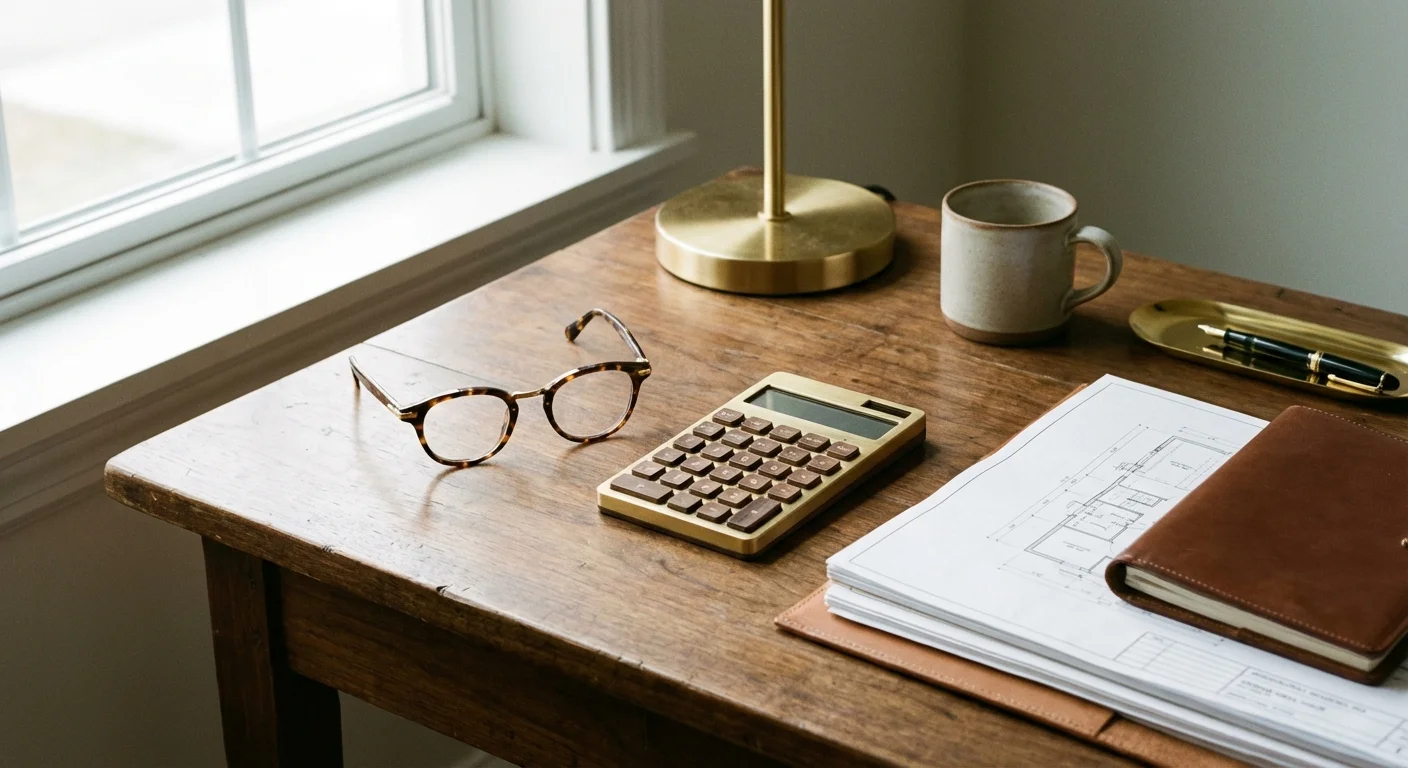 Organized desk with a calculator and glasses, representing financial planning.