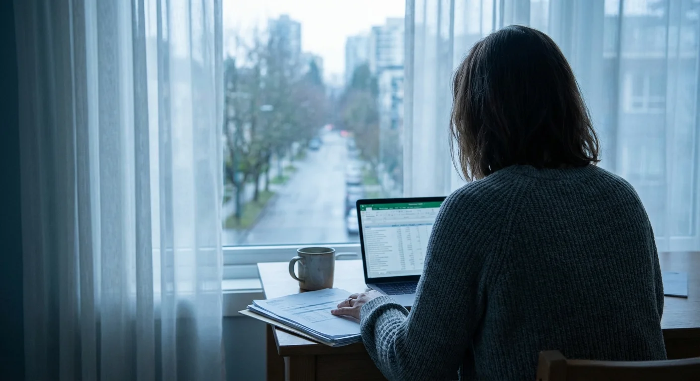 Over-the-shoulder view of a person reviewing papers by a window.