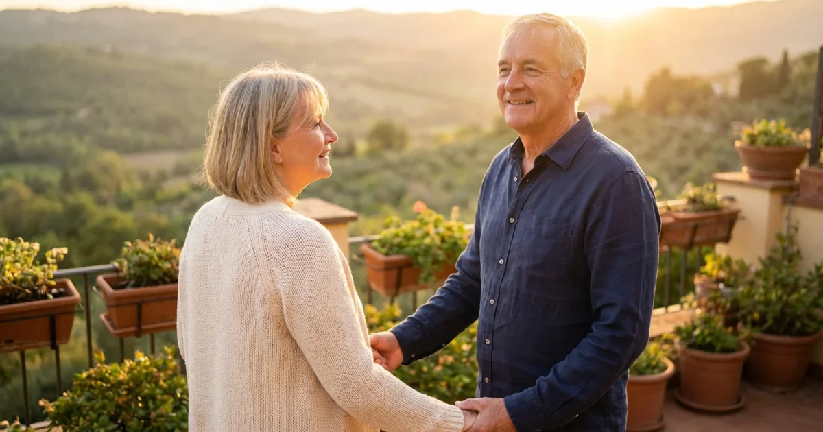 A mature couple looking at a scenic horizon from a balcony during golden hour.