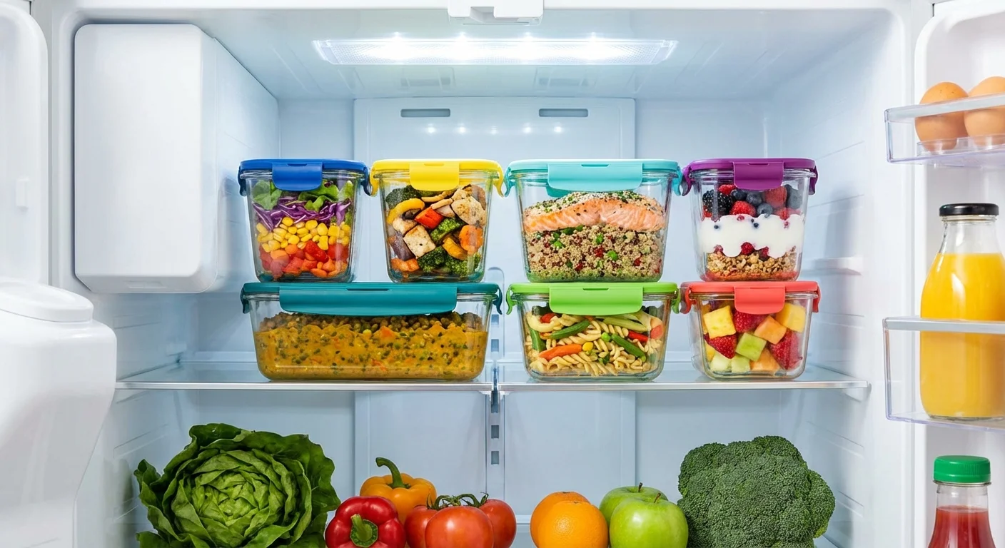 Stacked meal prep containers inside a clean, organized refrigerator.