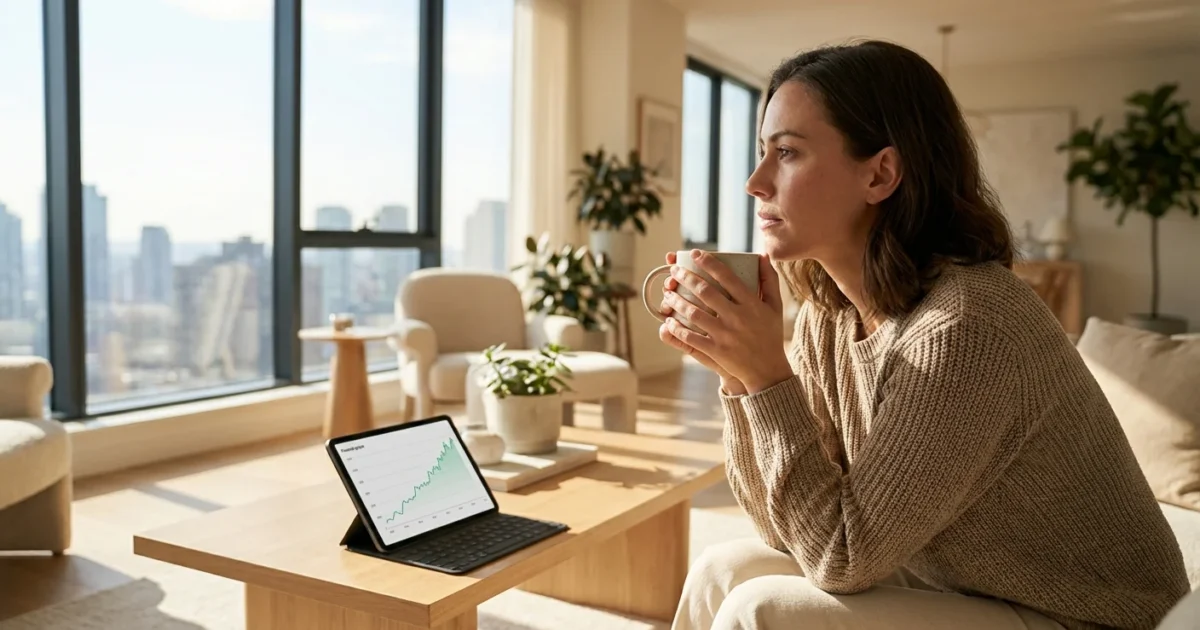 A person sitting at a sunlit desk looking calmly at a laptop, representing financial control.