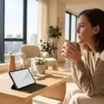 A person sitting at a sunlit desk looking calmly at a laptop, representing financial control.