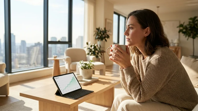 A person sitting at a sunlit desk looking calmly at a laptop, representing financial control.