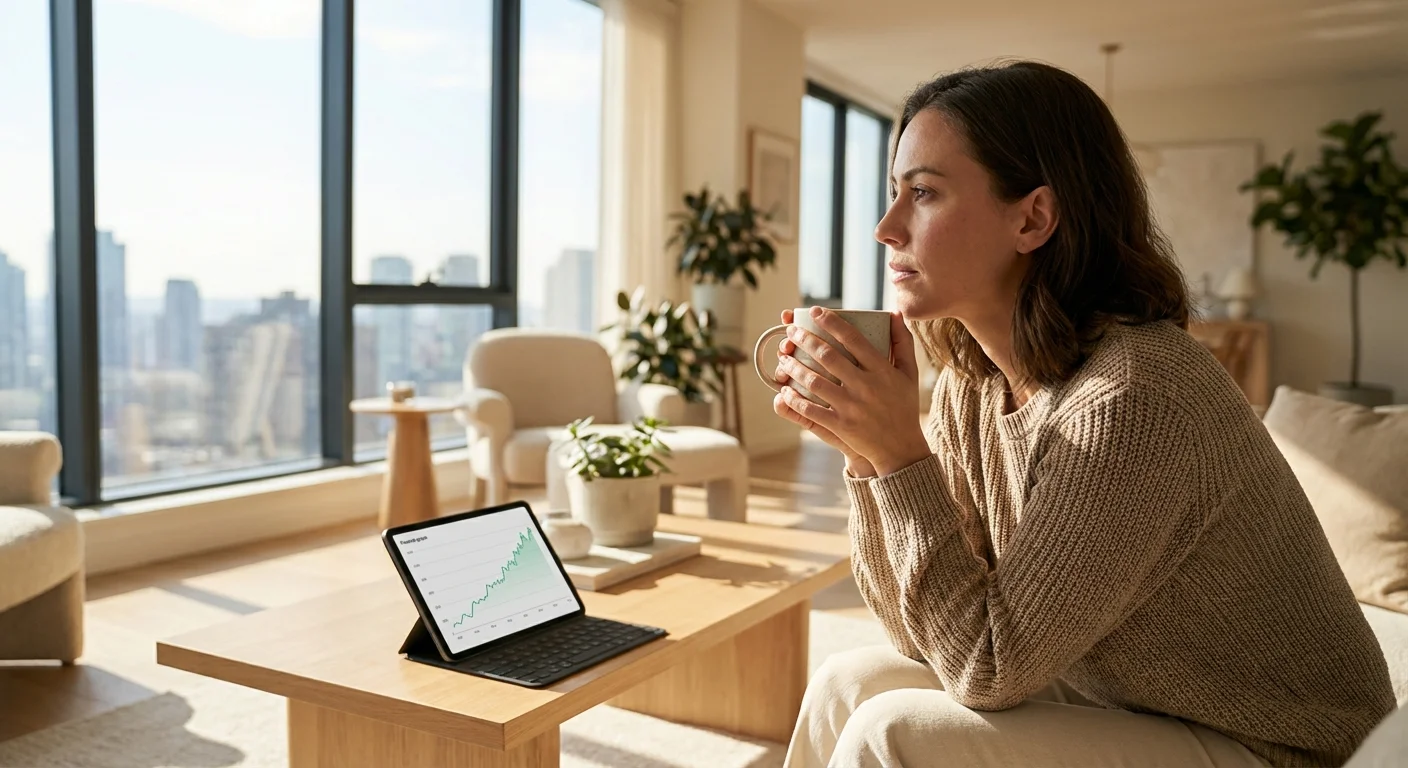 A person sitting at a sunlit desk looking calmly at a laptop, representing financial control.