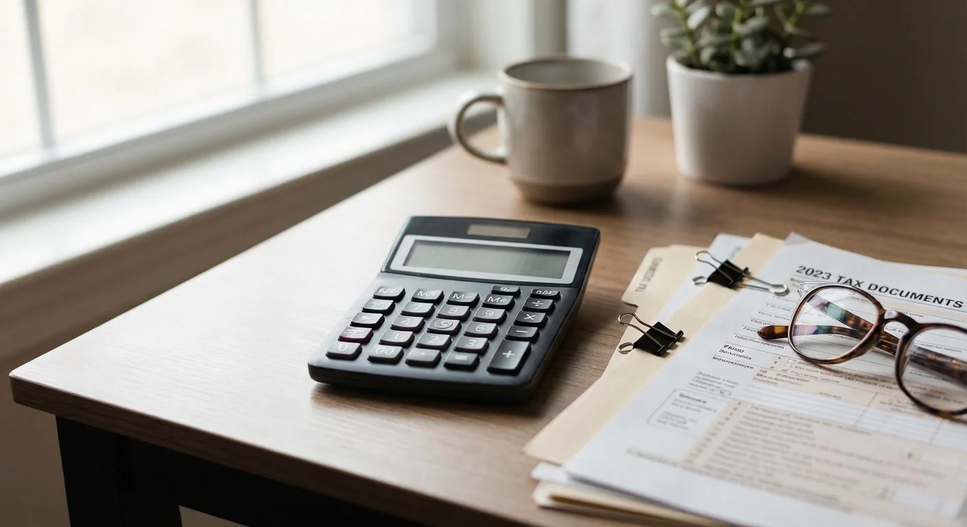 Tax documents and a calculator neatly arranged on a desk.