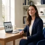 A person smiling while working on a laptop in a bright, modern home office with natural light.