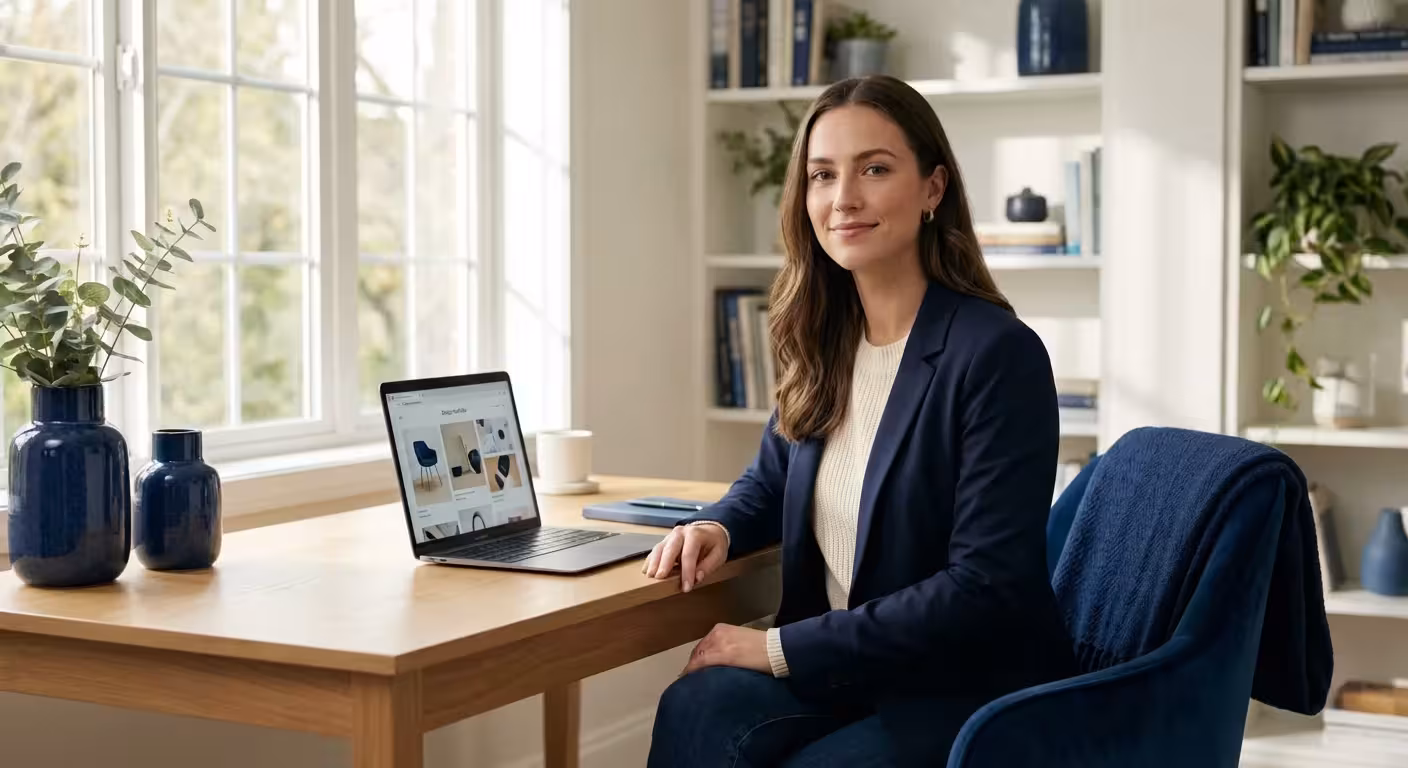 A person smiling while working on a laptop in a bright, modern home office with natural light.