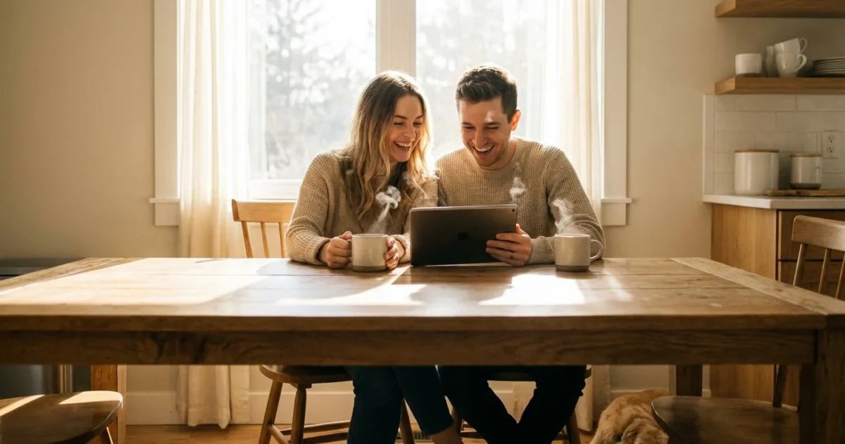 A couple smiling while looking at a tablet in a bright, modern kitchen.