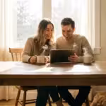 A couple smiling while looking at a tablet in a bright, modern kitchen.