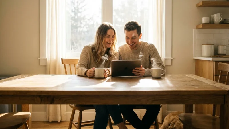 A couple smiling while looking at a tablet in a bright, modern kitchen.