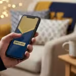 A person sitting on a couch surrounded by many shopping boxes, looking at their phone with a worried expression.