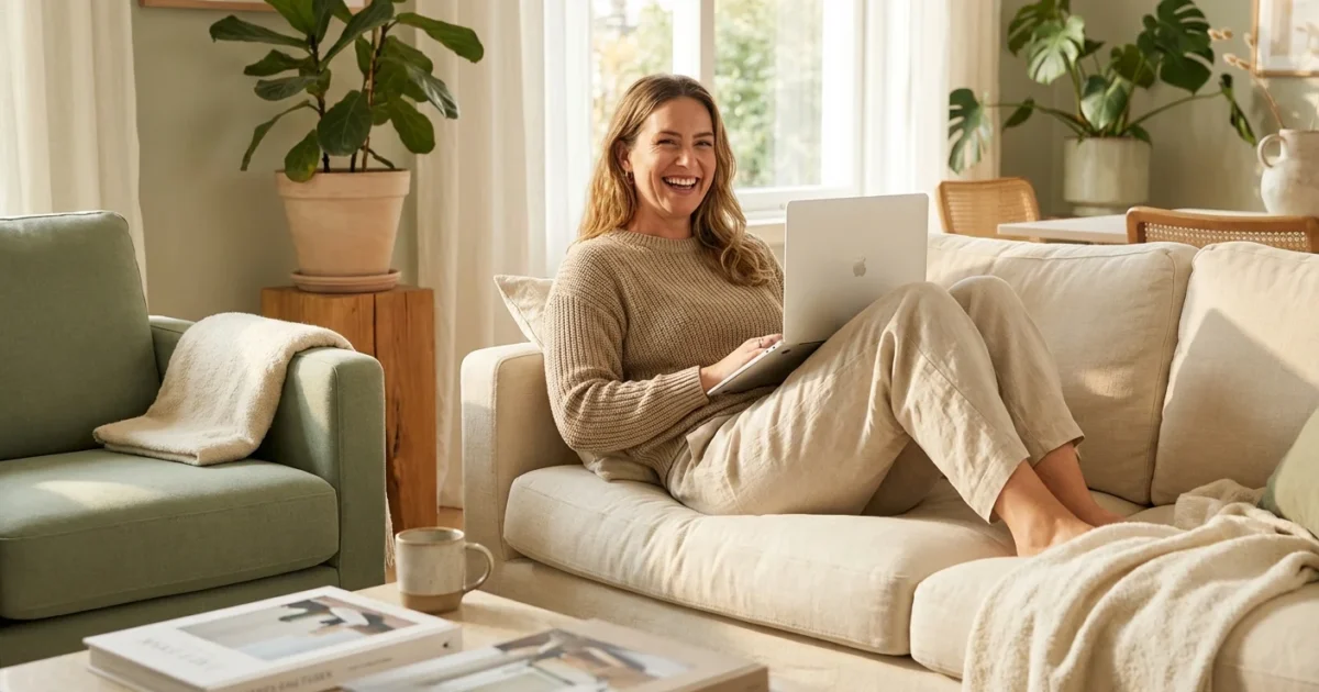 A person thoughtfully inspecting the quality of a linen shirt in a brightly lit, modern clothing boutique.