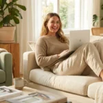 A person thoughtfully inspecting the quality of a linen shirt in a brightly lit, modern clothing boutique.
