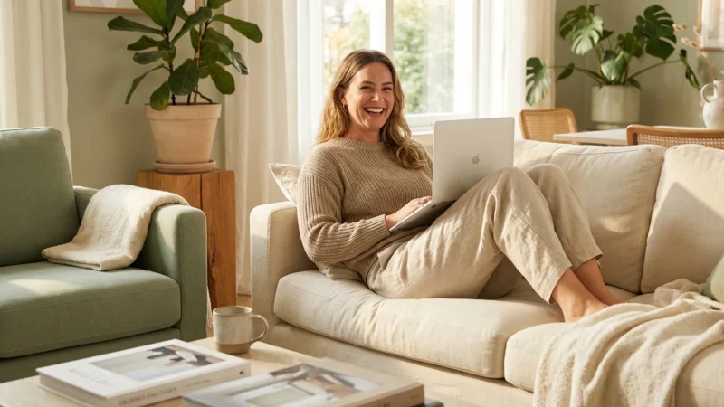 A person thoughtfully inspecting the quality of a linen shirt in a brightly lit, modern clothing boutique.