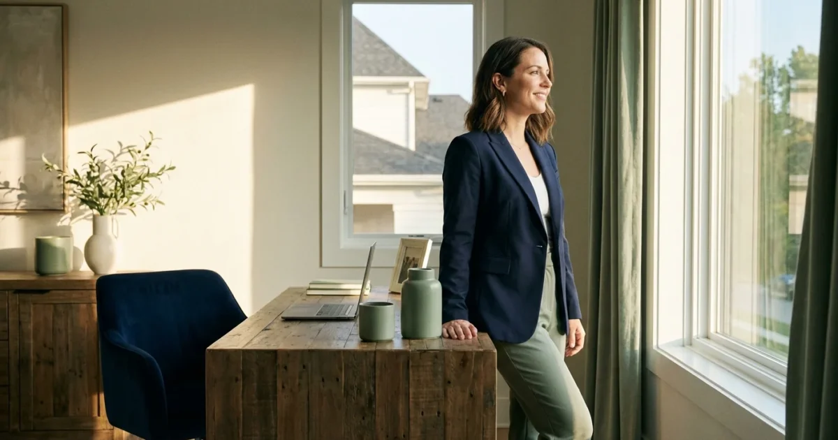 A confident professional looking out a window in a bright, modern office.