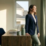 A confident professional looking out a window in a bright, modern office.
