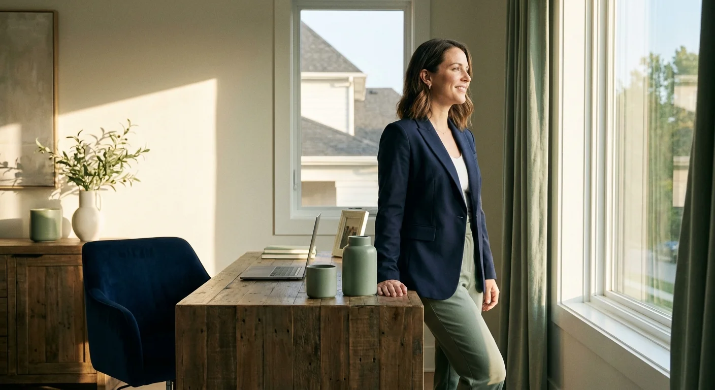 A confident professional looking out a window in a bright, modern office.