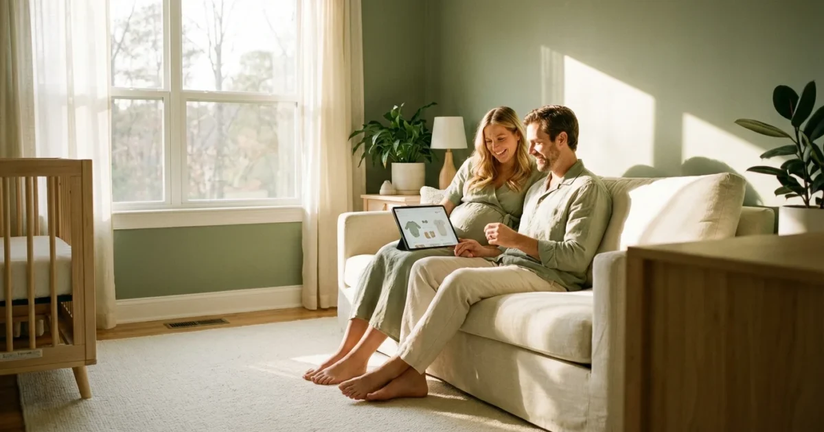 An expectant couple looks at a tablet together in a bright, modern nursery, symbolizing financial planning for their new baby.