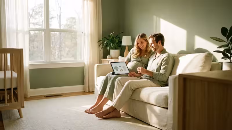 An expectant couple looks at a tablet together in a bright, modern nursery, symbolizing financial planning for their new baby.