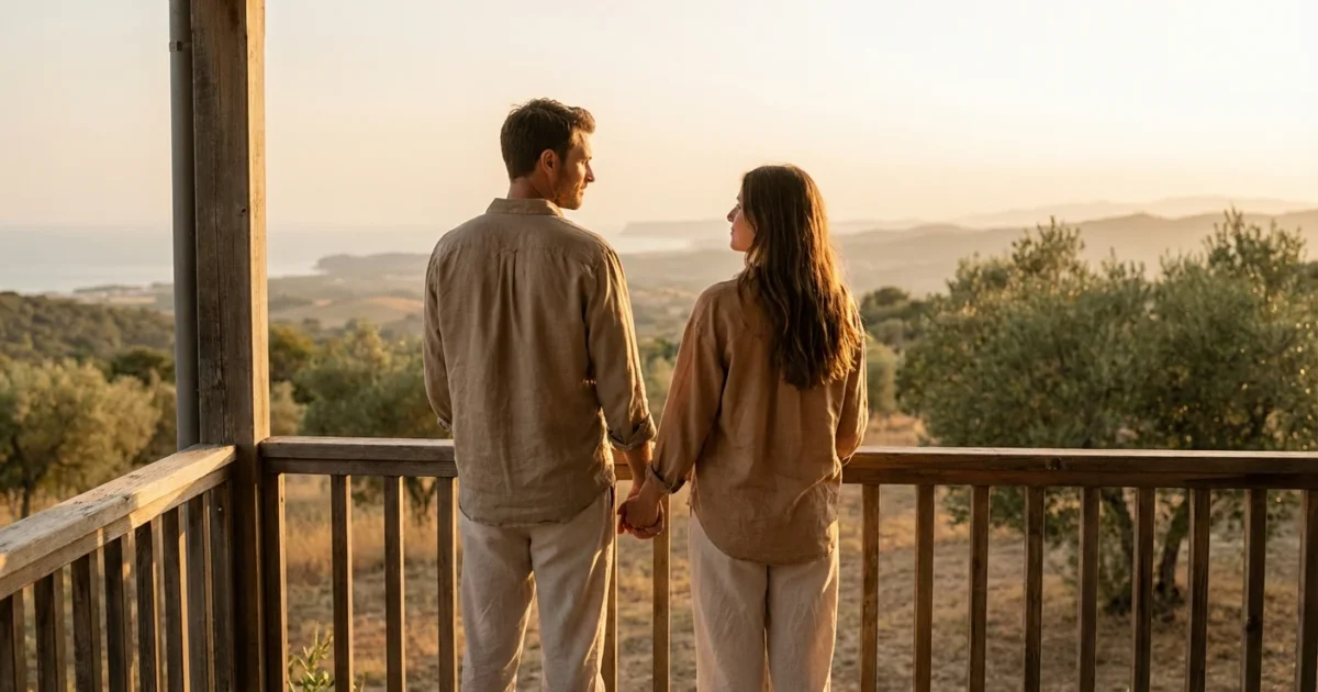 A couple standing on a porch during sunset, looking toward the horizon in a serene, intentional lifestyle shot.