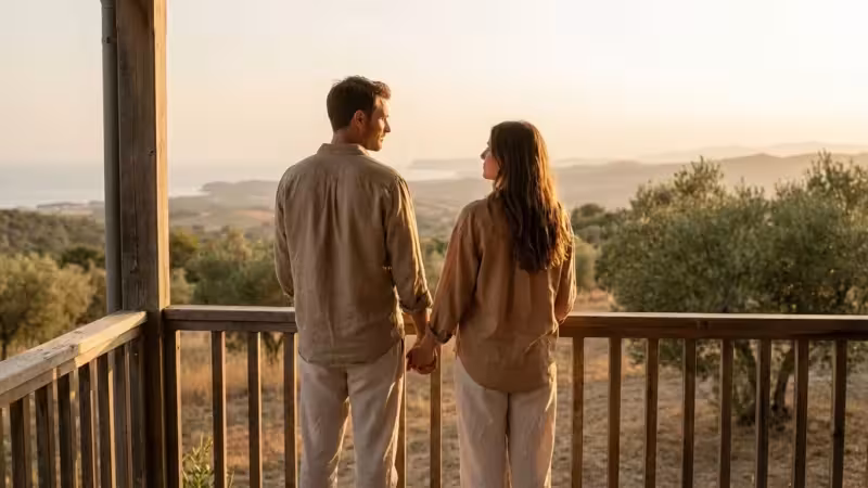A couple standing on a porch during sunset, looking toward the horizon in a serene, intentional lifestyle shot.