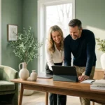 A professional couple looking at a tablet in a bright, modern office, symbolizing financial planning.