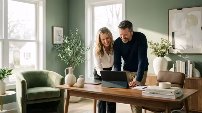 A professional couple looking at a tablet in a bright, modern office, symbolizing financial planning.