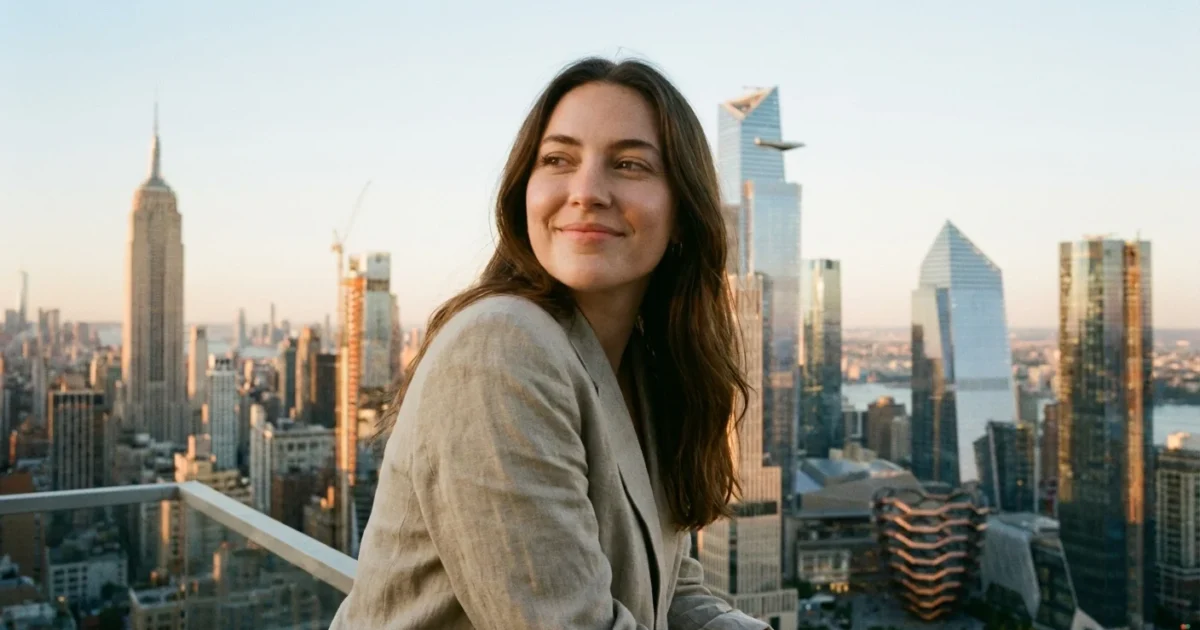 A woman sitting at a bright, organized desk looking at a laptop with a sense of relief.