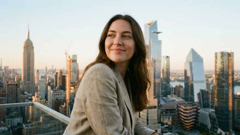 A woman sitting at a bright, organized desk looking at a laptop with a sense of relief.