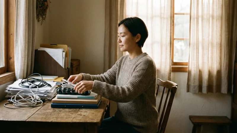 A couple in a bright living room planning their budget on a tablet with their new puppy.