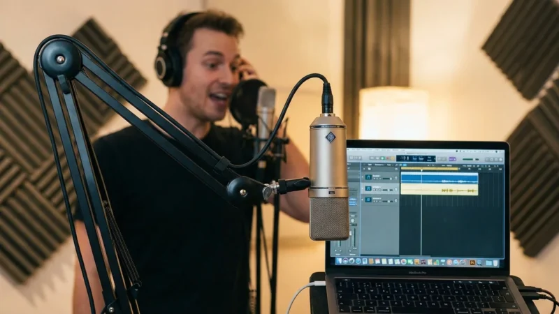 A woman recording voiceover in a sunlit, professional home studio.