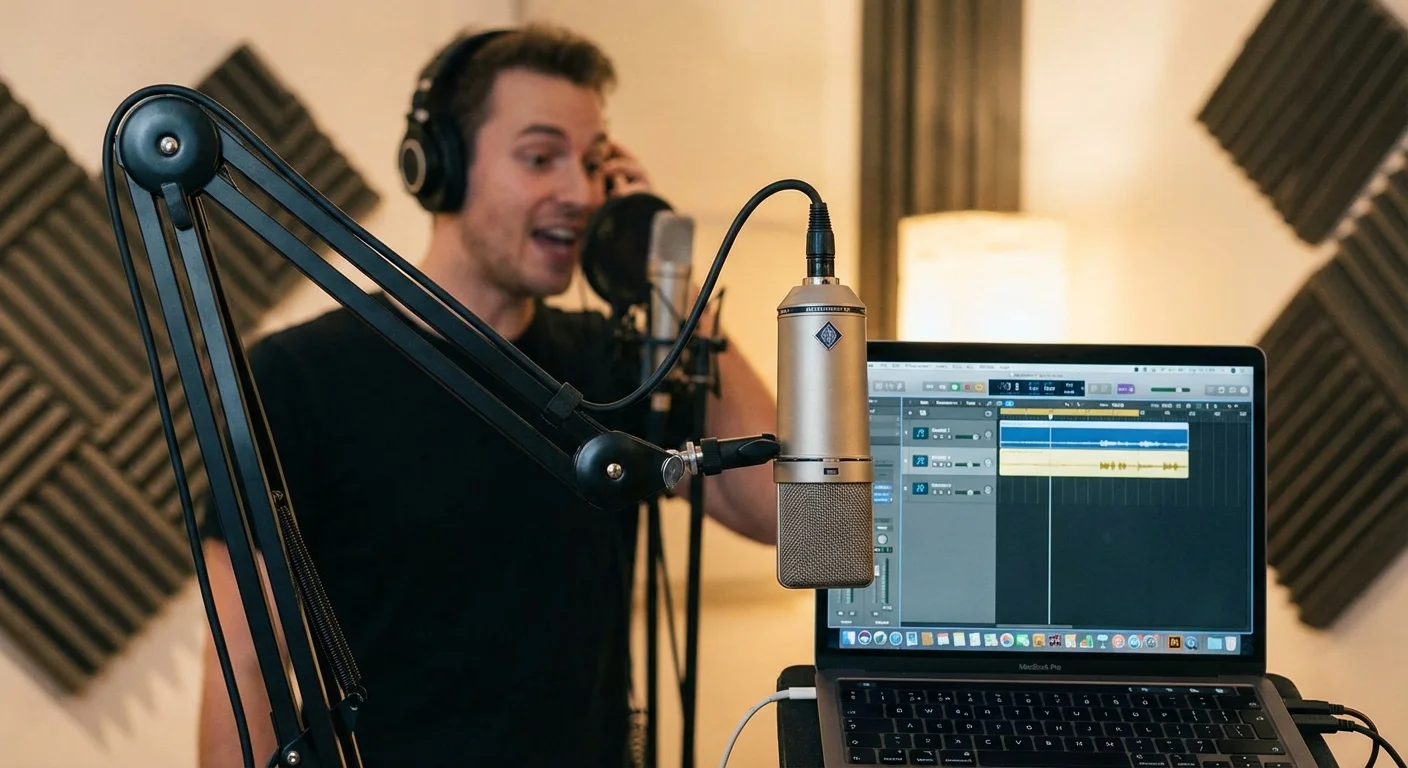 A woman recording voiceover in a sunlit, professional home studio.