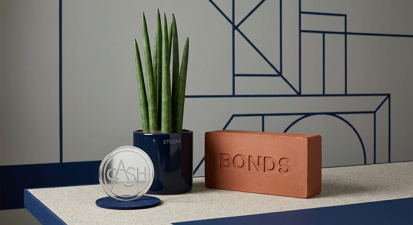 Three artistic icons representing stocks, bonds, and cash in a cohesive layout.