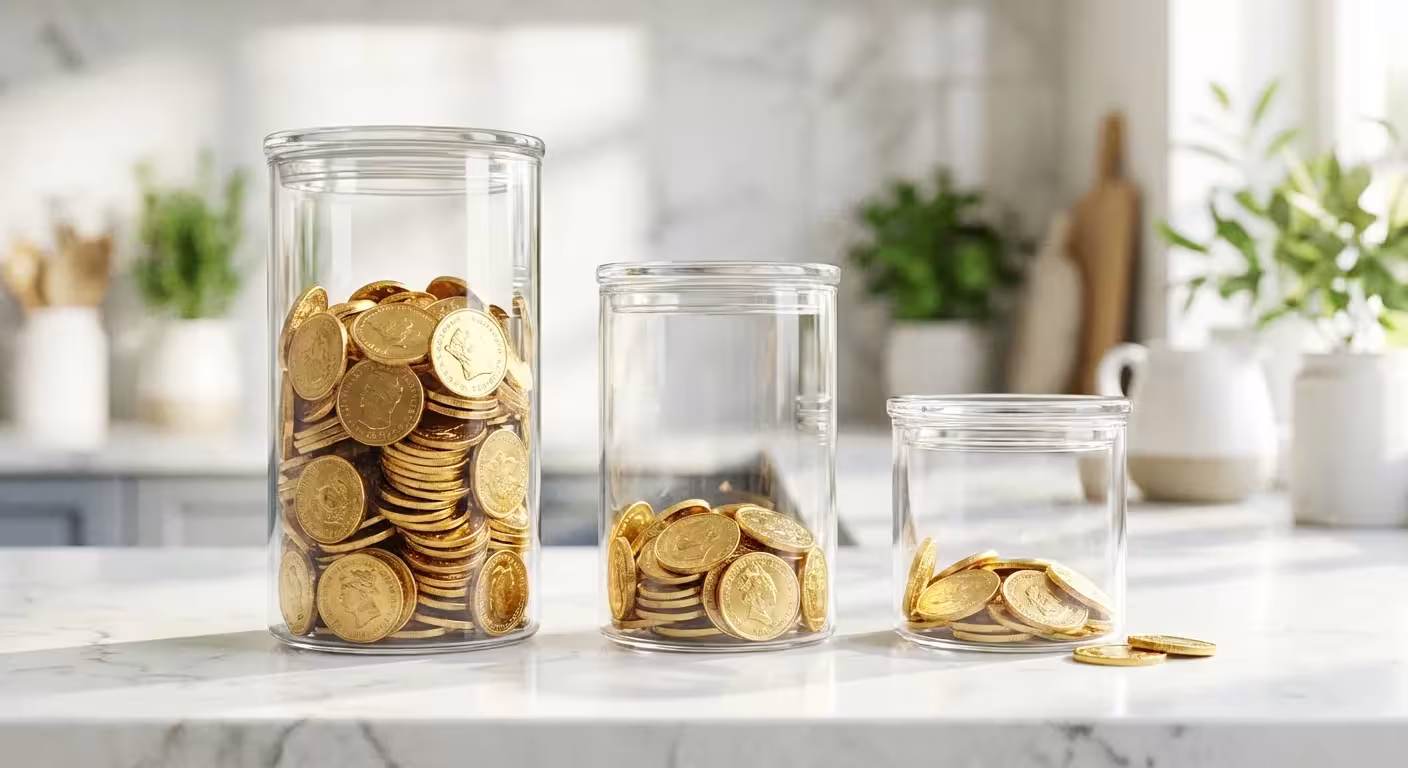 Three glass jars of different sizes representing budget categories.