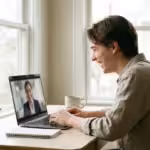 A traveler at an airport holding a credit card and passport, looking out at a plane on the runway.