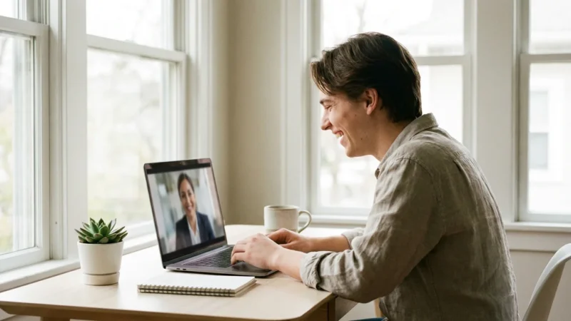 A traveler at an airport holding a credit card and passport, looking out at a plane on the runway.