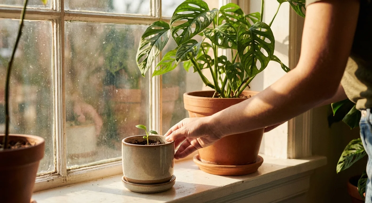 Two different sized houseplants on a sunny windowsill being cared for.