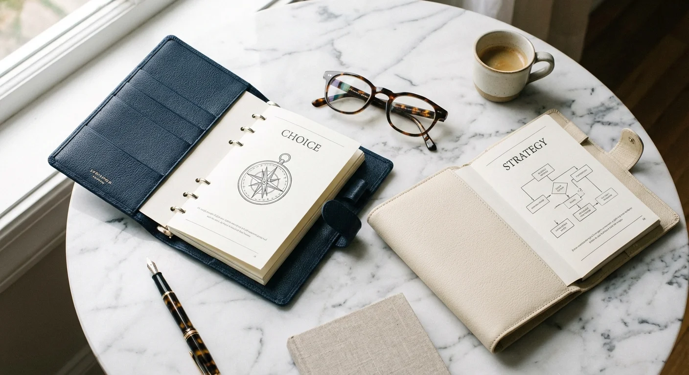 Two elegant leather planners and glasses on a marble tabletop.