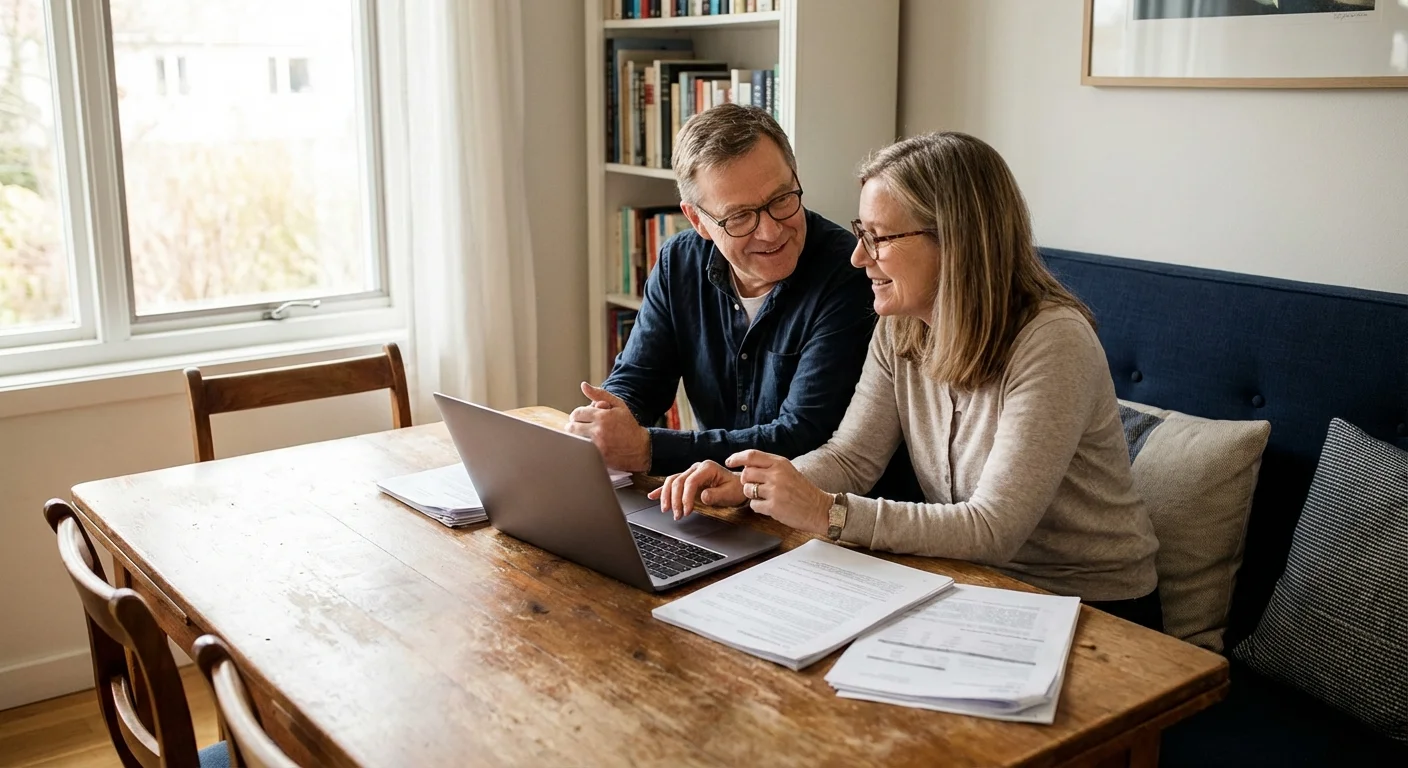 Two people discussing a document across a kitchen counter in a serious manner.