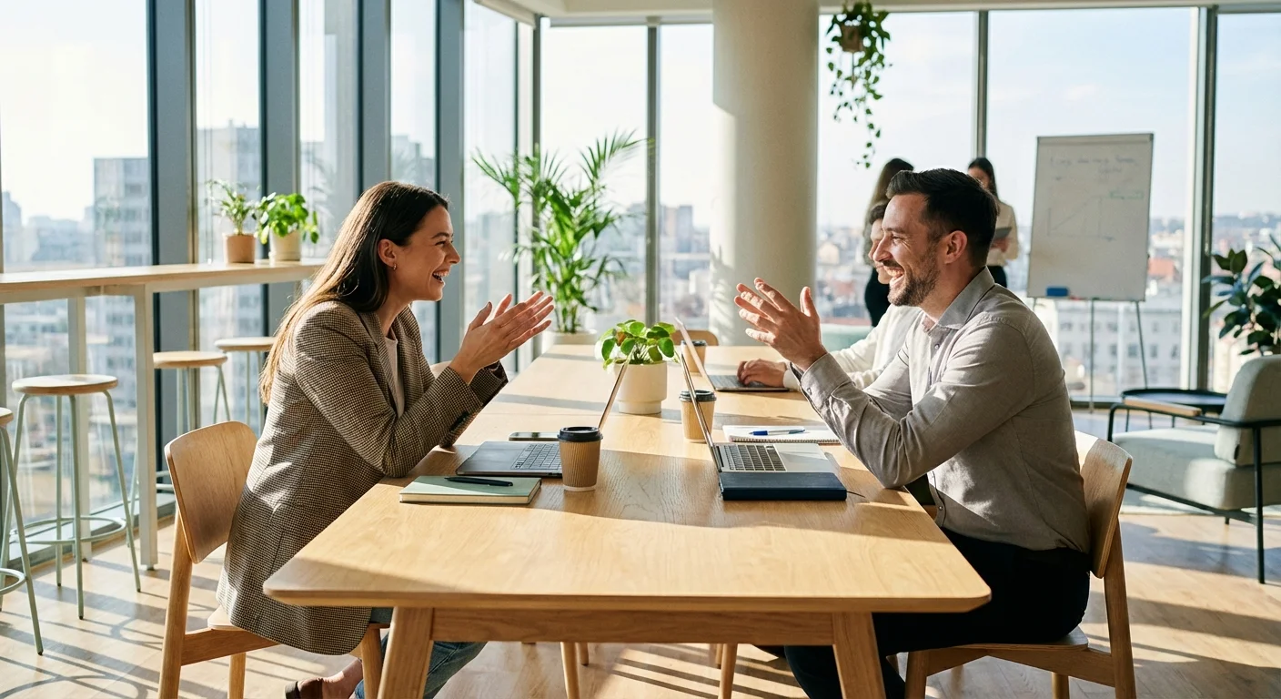 Two people having a professional and positive consultation in a bright, modern office.
