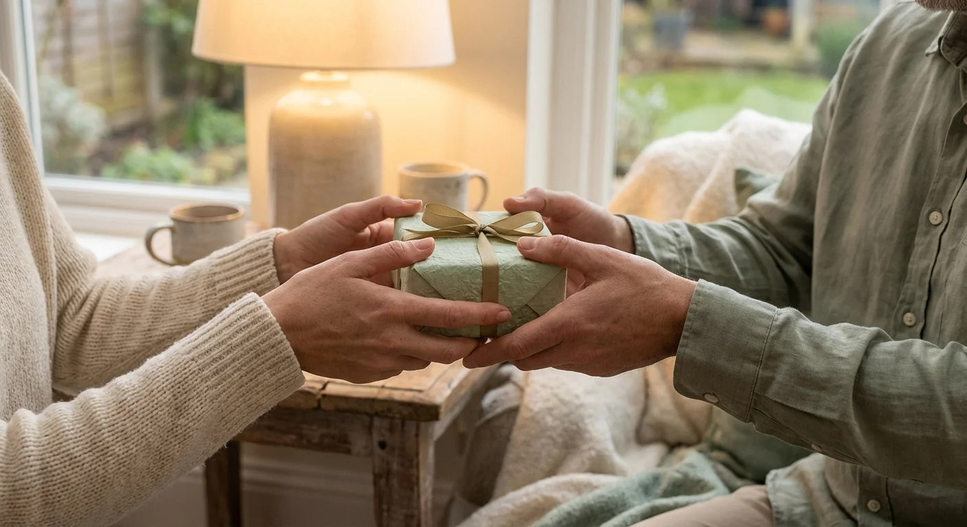 Two people sharing a gift, symbolizing generosity and giving.