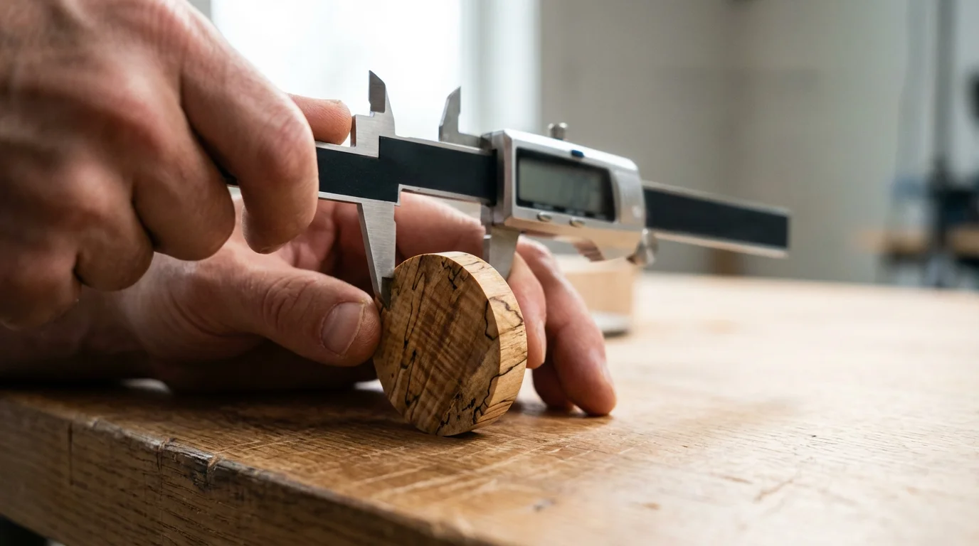 A close-up macro photograph of a digital caliper precisely measuring a small wooden disk.