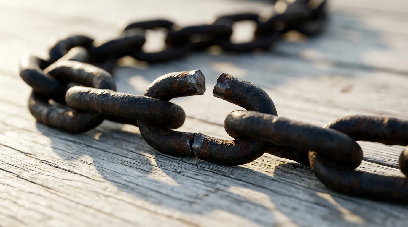 A close-up macro photograph of a single broken link in a heavy metal chain.