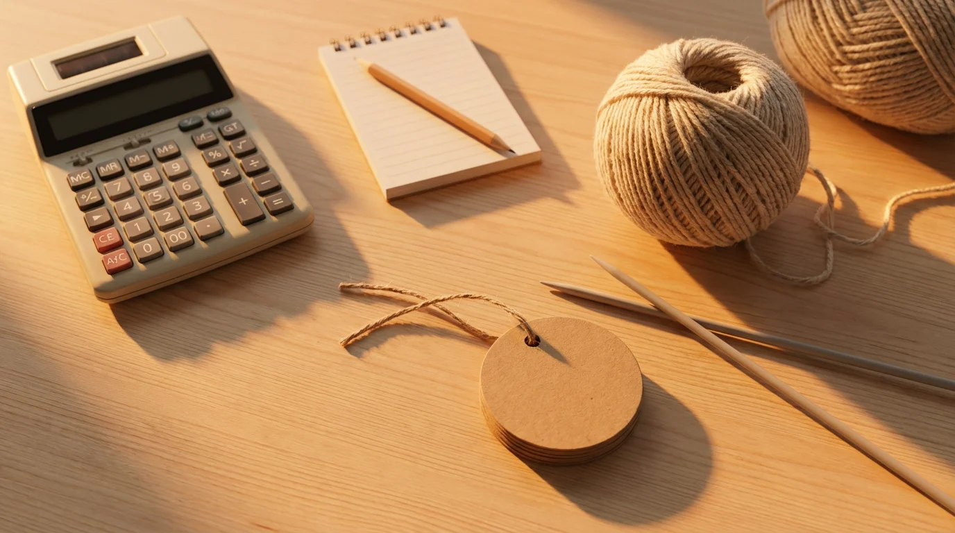 A flat lay of knitting supplies, a calculator, and blank price tags on a wooden table.