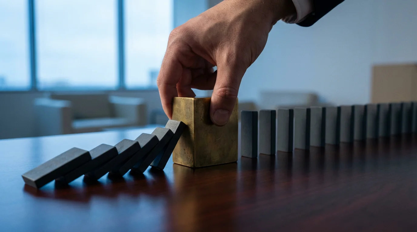 A hand placing a brass block to stop a chain reaction of falling dominoes.