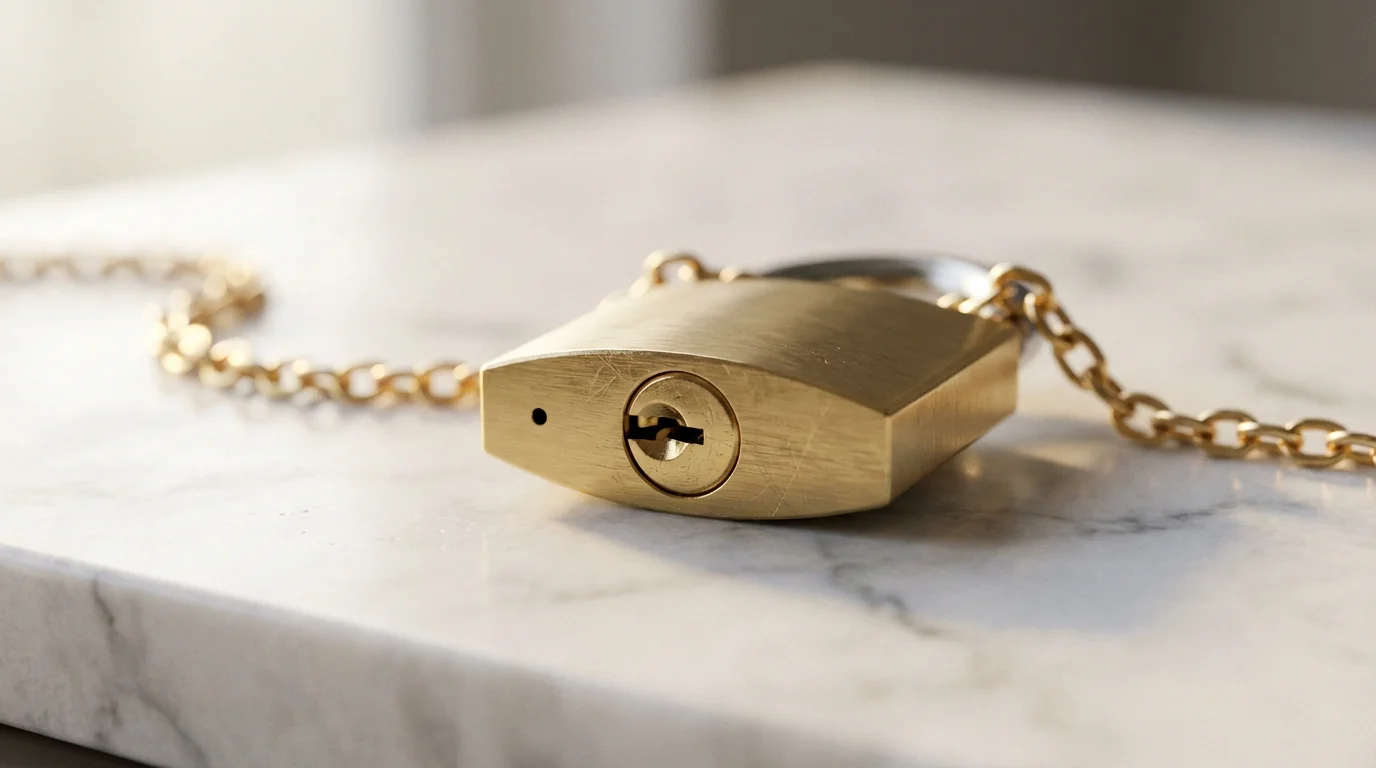 A macro photograph of a small brass padlock securing the links of a gold chain.