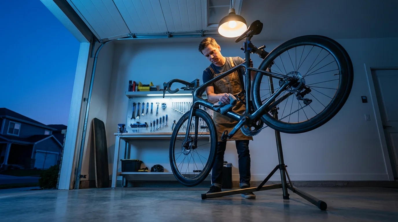 A person carefully cleans a modern bicycle in their garage at dusk.